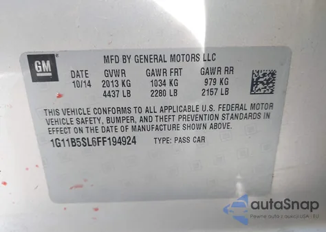 2015 Chevrolet Malibu Ls z USA, uszkodzony, nr VIN 1G11B5SL6FF194924